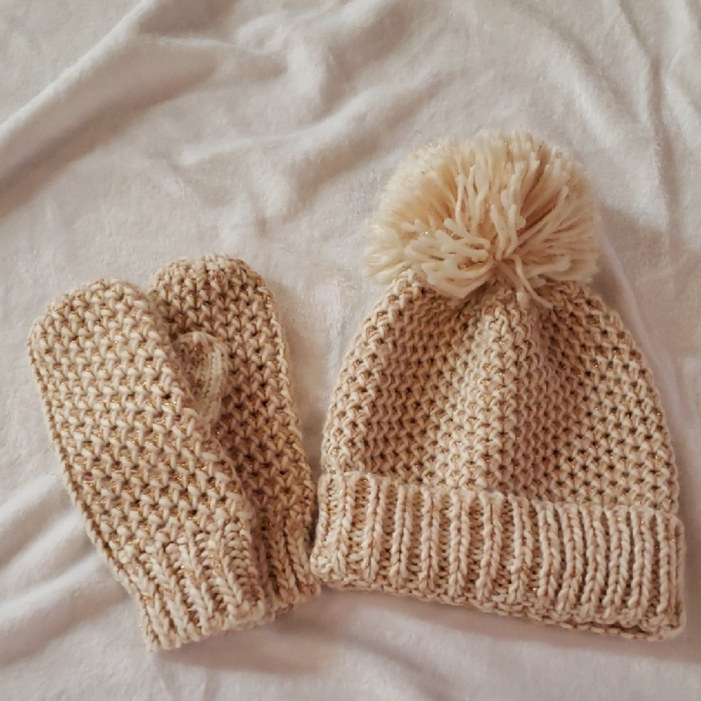 Grace & Lace Cream Rose Gold Metallic Sparkle Knit Hat and Mittens Set